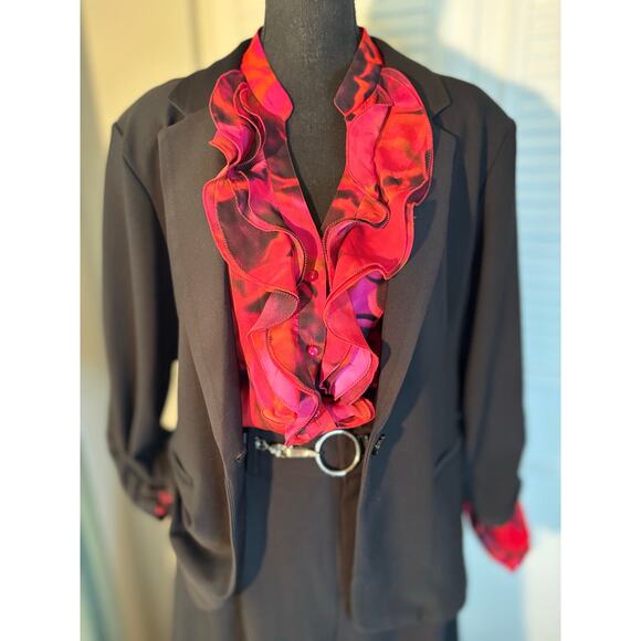 ANN KLEIN Red Floral Print Button
Down Blouse with Ruffles - Picture 8 of 8